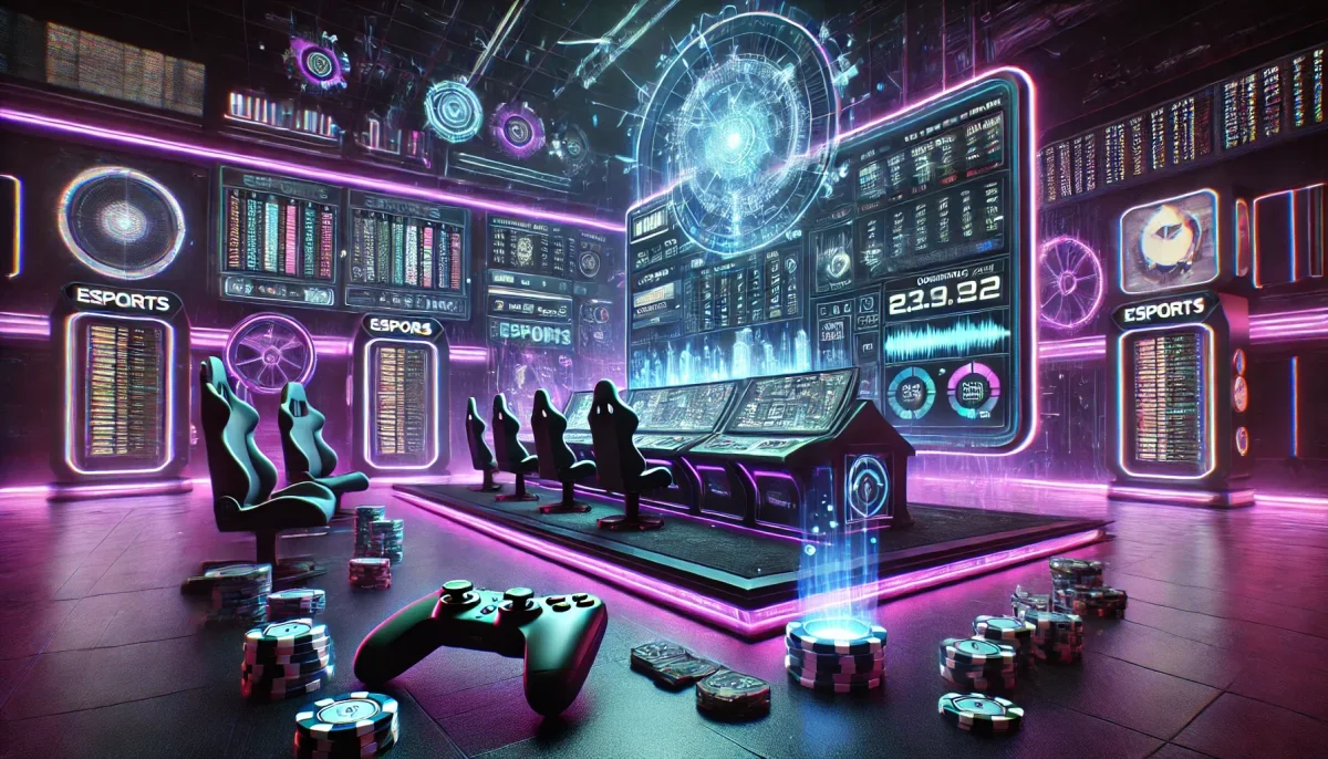 A cyberpunk-style casino infused with esports gaming elements, bathed in dark neon purple lighting. The scene features a futuristic betting interface displaying holographic esports match statistics, gaming controllers, and digital casino chips floating in mid-air. A sleek, high-tech esports arena is visible in the background, with neon signage and glowing gaming setups. The composition blends the excitement of casino gambling with the immersive world of competitive gaming.